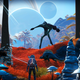 A character looks out at a wild sci-fi landscape.